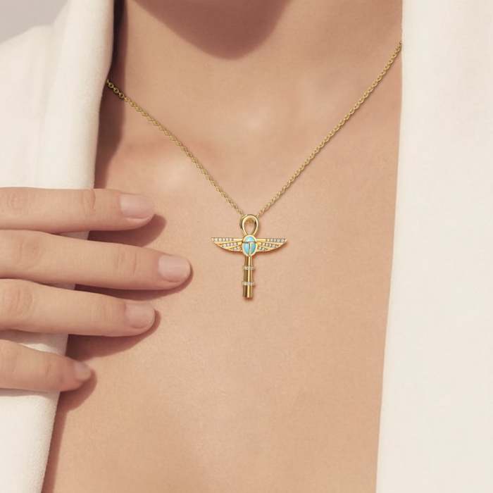 Eternal Guardian Ankh Scarab Turquoise Egyptian Scepter Protection Amulet Pendant Necklace