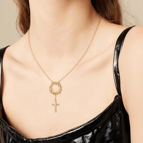 Crown of Thorns Cross Necklace - Gold Vermeil