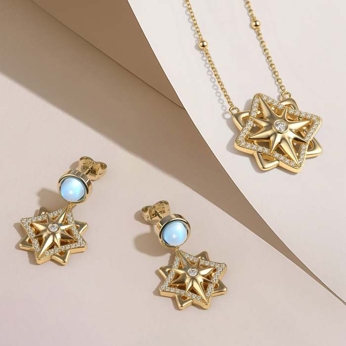 Pave North Star with Moonstone Drop Earrings