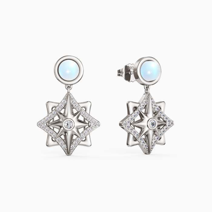 Pave North Star with Moonstone Drop Earrings