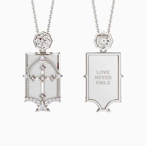 Love Never Fails Cross Dome Pendant Engraved Necklace