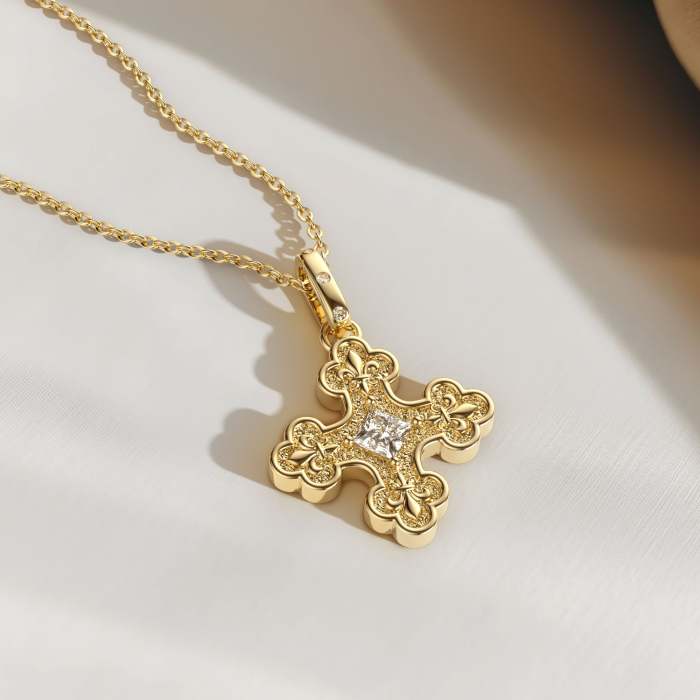 Byzantine Fleur De Lis Cross Pendant Necklace