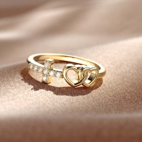Double Heart And Cross Ring