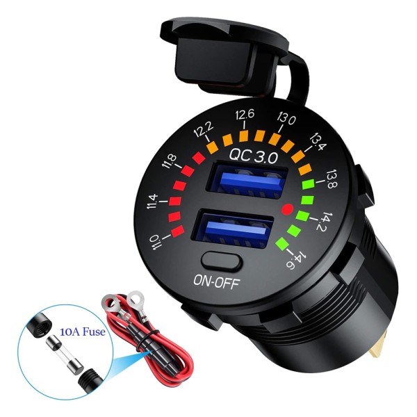 N-BEST QC 3.0 Dual USB Car Charger 12V 24V Waterproof 18W USB Outlet Fast Charge with LED Voltmeter ON OFF Switch Power Cable for car for Car, Marine, Boat, Motorcycle, Truck and More