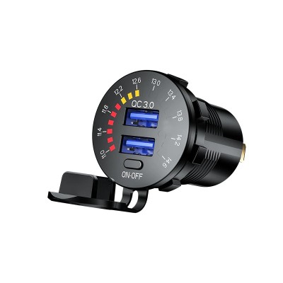 N-BEST QC 3.0 Dual USB Car Charger 12V 24V Waterproof 18W USB Outlet Fast Charge with LED Voltmeter ON OFF Switch Power Cable for car for Car, Marine, Boat, Motorcycle, Truck and More