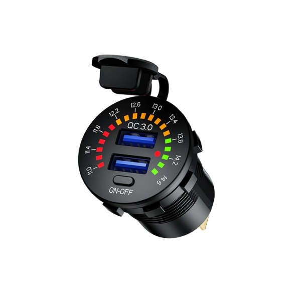 N-BEST QC 3.0 Dual USB Car Charger 12V 24V Waterproof 18W USB Outlet Fast Charge with LED Voltmeter ON OFF Switch Power Cable for car for Car, Marine, Boat, Motorcycle, Truck and More