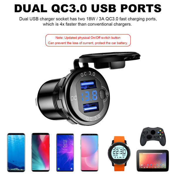 N-BEST Dual QC3.0 USB Car Charger Adapter with On/Off Switch Button, 12V-24V USB Power Outlet Fast Charge LED Voltmeter for Car, Marine, Boat, Motorcycle, Truck and More