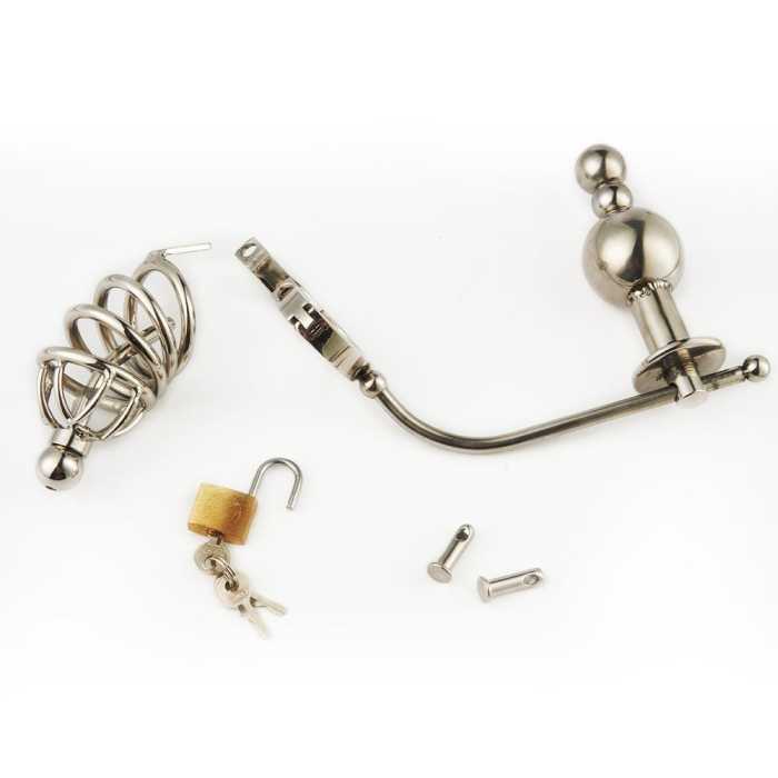 Stainless Steel Chastity Cock Cage With Urethral Insert & Anal Plug