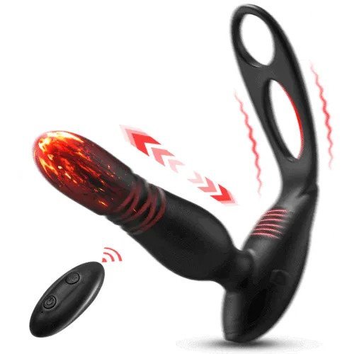 Low Noise 10 Thrusting & Vibrating Double Cock Rings Silicone Prostate Massager