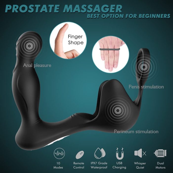 9 Vibration 3 Wiggle Motion Dual Motors Prostate Massager with Cock Ring