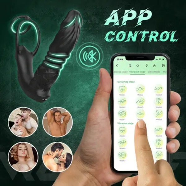 BuyGing APP Control 9 Vibrating Thrusting Prostate Massager With Dual Cock Rings