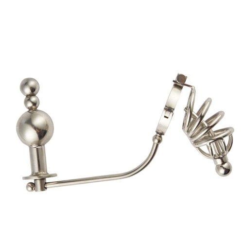 Stainless Steel Chastity Cock Cage With Urethral Insert & Anal Plug