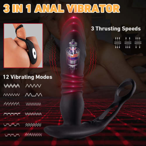 SAUL 3 -Thrusting & 12 -Vibrating Dual Cock Rings Prostate Massager