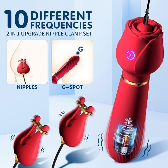 Edenlegend™ Rose Tease – 2-in-1 Vibrating Rose Wand with Electric Nipple Clamps, 10 Modes, IPX7 Waterproof