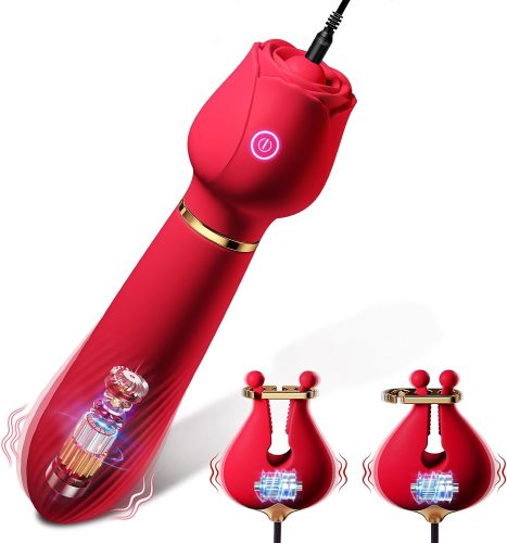 Edenlegend™ Rose Tease – 2-in-1 Vibrating Rose Wand with Electric Nipple Clamps, 10 Modes, IPX7 Waterproof
