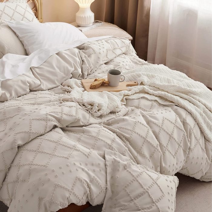 Bedsure Twin Duvet Cover Set - Duvet Cover Twin Size, Twin Boho Bedding for All Seasons, 2 Pieces Embroidery Shabby Chic Home Bedding Duvet Cover Set (Beige, Twin, 68x90'')