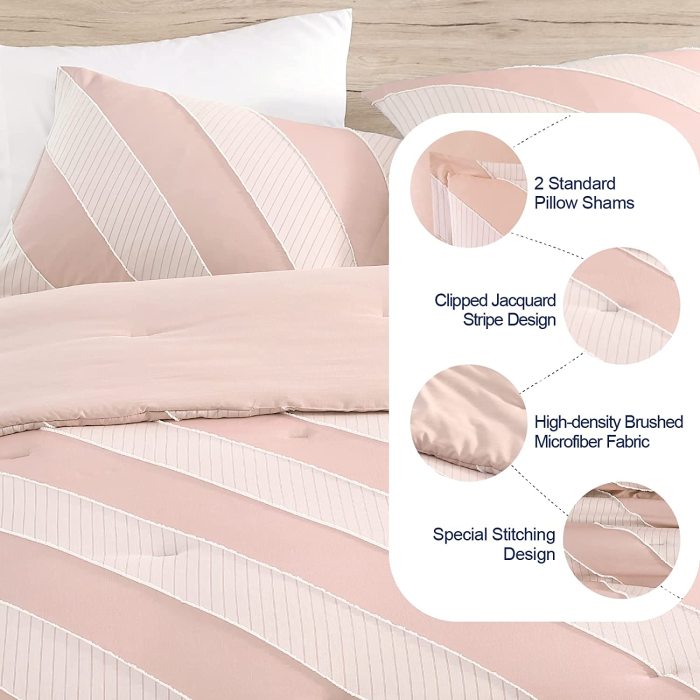 Walensee Queen Comforter Set Clipped Jacquard Stripe 100% Polyester Soft Washable Microfiber Bed Comforters with 2 Pillowshams All Season Lightweight Cozy Bedding Comforter Sets 3 Pieces 90 x90  Pink