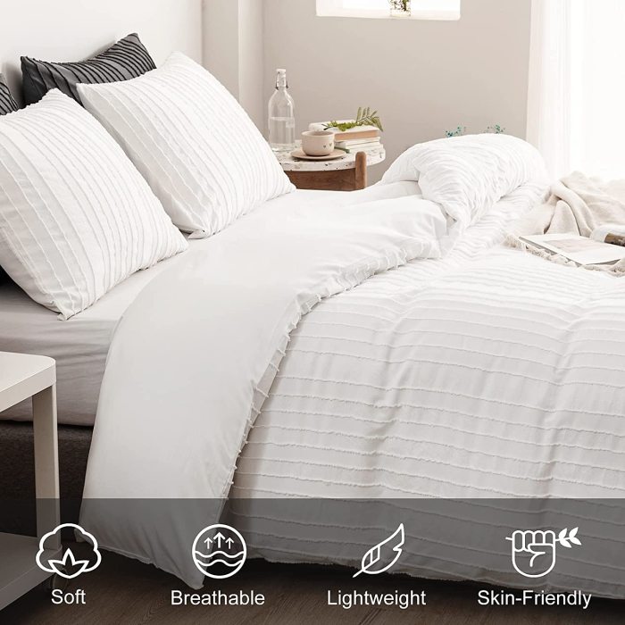 WARMDERN Khaki Boho Duvet Cover Twin Size, Striped Textured Duvet Cover Tufted Bedding Set, 2 Piece Washed Microfiber Duvet Cover with Zipper Closure & Corner Ties(Twin, Khaki)