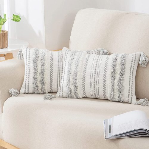 decorUhome Set of 2 Boho Lumbar Decorative Throw Pillow Covers for Bed Bedroom Neutral Accent Cushion Cover Tufted Woven Pillow Case, 12X20, Khaki and White