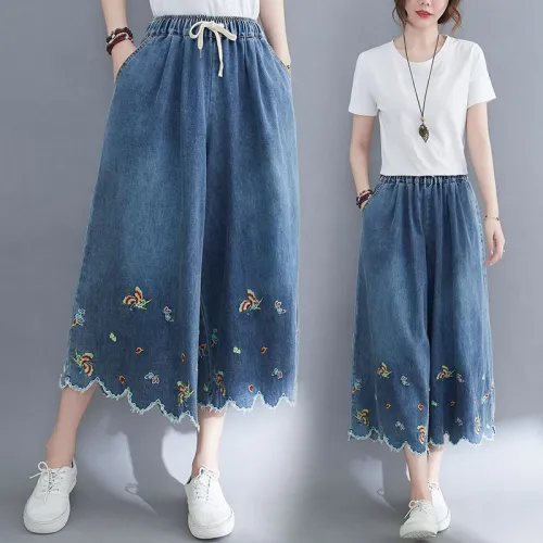民俗風刺繡花闊腿牛仔褲，兩件1368