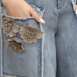 刺繡花闊腿牛仔褲，兩件1368