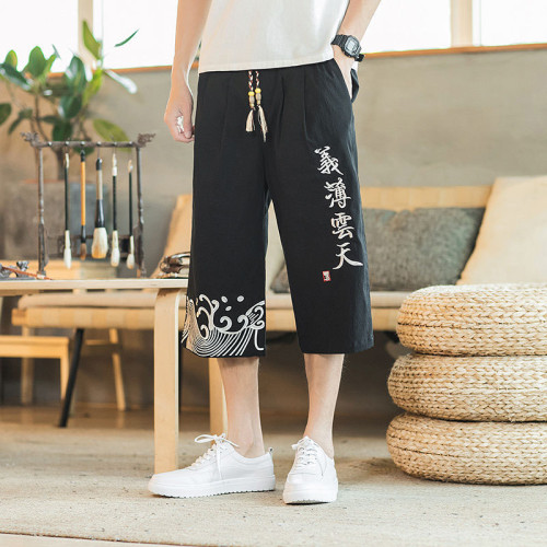 “義薄雲天”刺繡古風棉麻七分褲