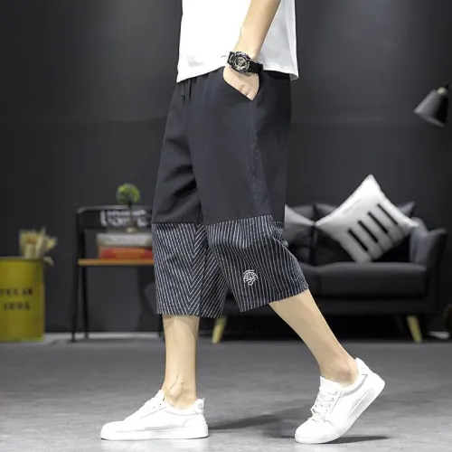 國風豎紋拼接元素七分褲