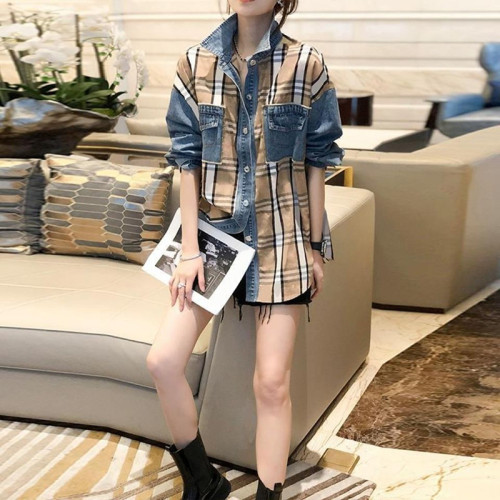 格紋拼接牛仔外套