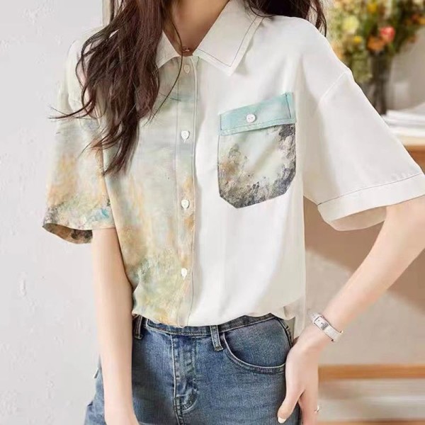 莫奈油畫拼接風短袖襯衫