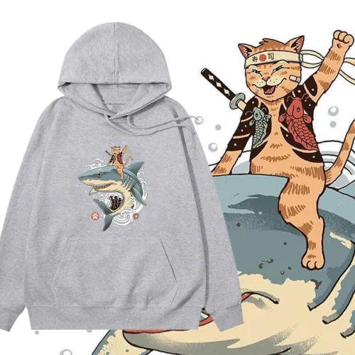 純棉 貓抓魚浮世繪風連帽衫，兩件1199
