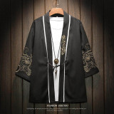 棉麻刺繡圖案七分袖開襟衫外套