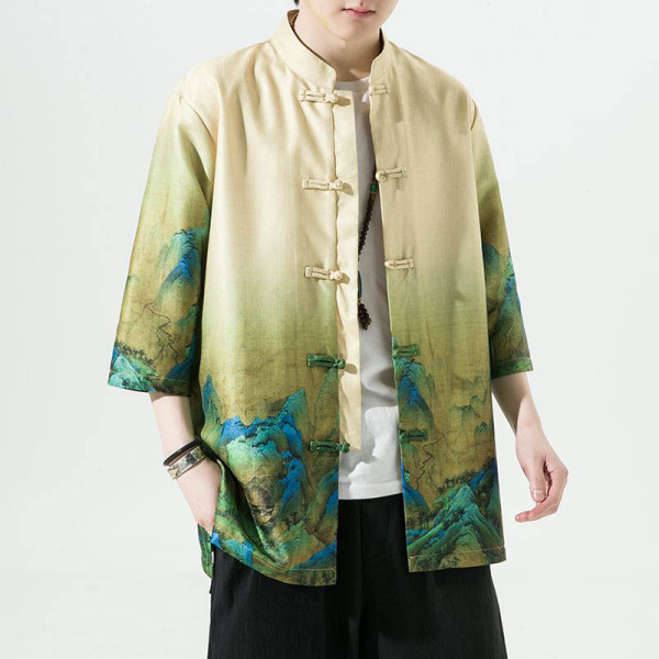千里江山圖國風七分袖襯衫外套
