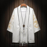 棉麻刺繡圖案七分袖開襟衫外套