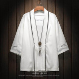棉麻刺繡圖案七分袖開襟衫外套