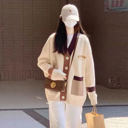 休閒色彩拼接針織衫毛衣外套