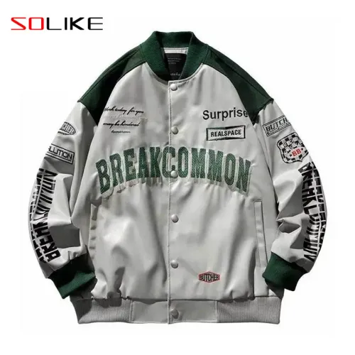 拼接款皮夾克戶外棒球服，賽車服皮衣外套