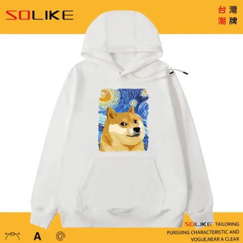 純棉 油畫星夜柴犬連帽衫，兩件1199