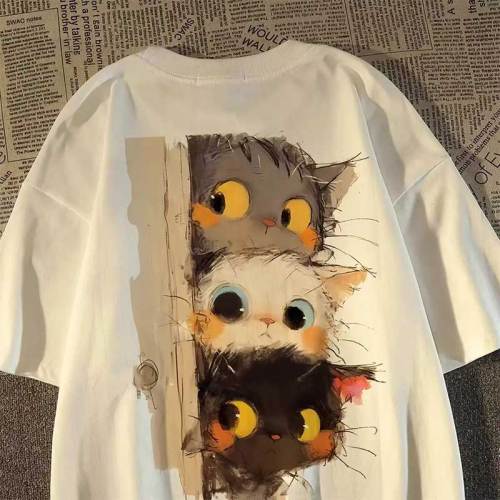 厚款純棉 塗鴉偷看貓咪短T