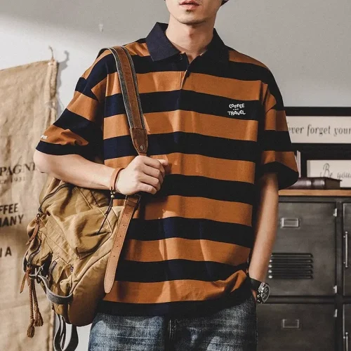 純棉 復古撞色粗橫紋 Polo 短袖