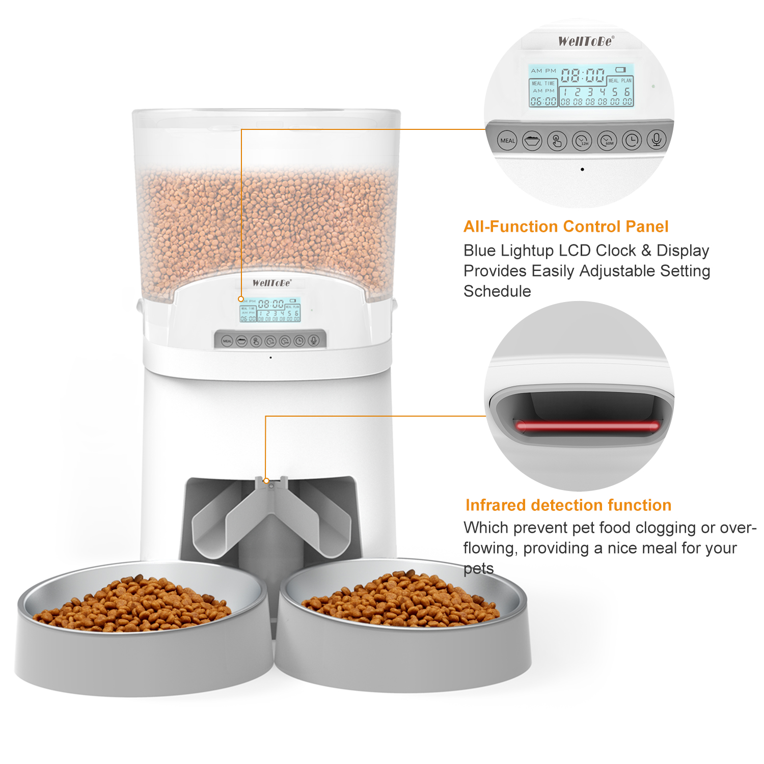 PDPETS Automatic Pet feeder with Two-Way Splitter and Double Bowls Pet Feeder Smart for Dogs Cats