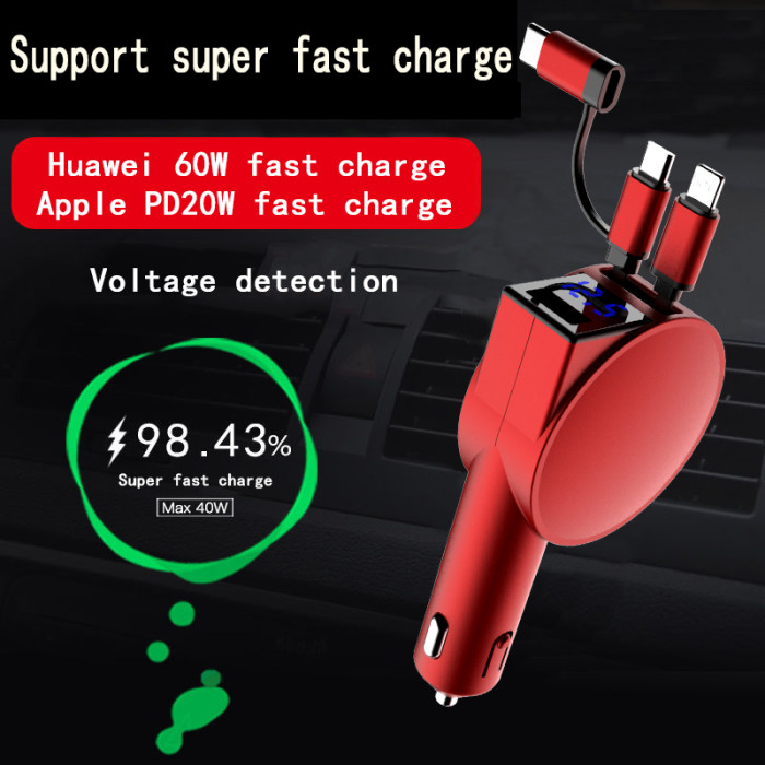 3-in-1 Car Charger 60W Super Fast Charging for iPhone Xiaomi Huawei Samsung with Telescopic Charging Cables and Adapters
