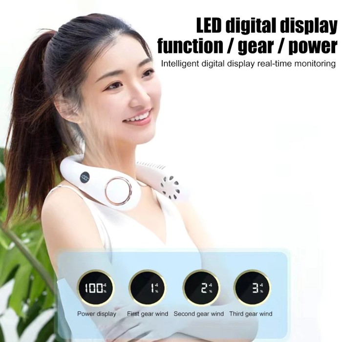 USB 3000mAh LED Digital Display Portable Summer Air Cooling Hanging Neck Fan Bladeless Outdoor Sports Travel Personal Wearable Neckband Fans