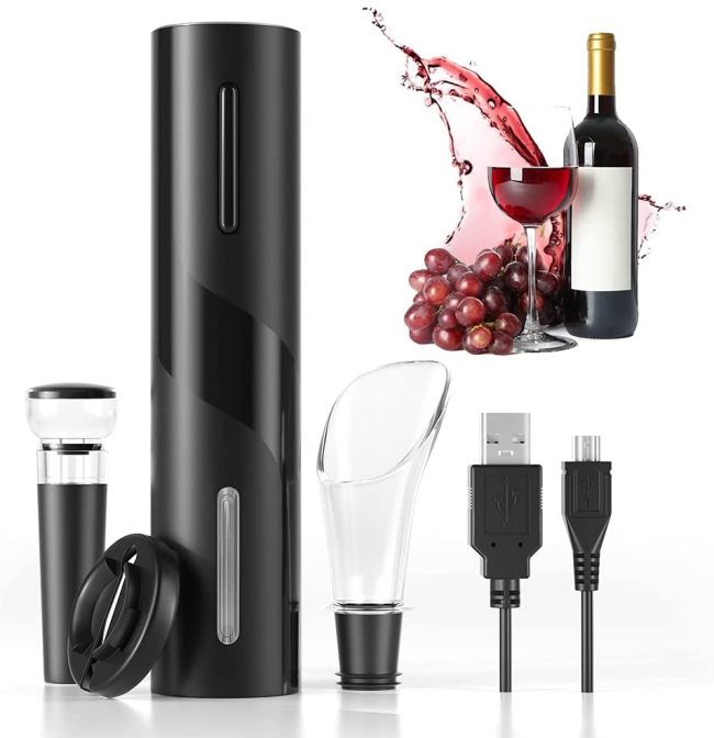 4-in-1 Electric Wine Bottle Opener Kit Rechargeable Automatic Corkscrew Set with Foil Cutter, Vacuum Stopper, Pourer for Kitchen, Home, Bar, Restaurant, Wine Lovers, Christmas Gift for Him