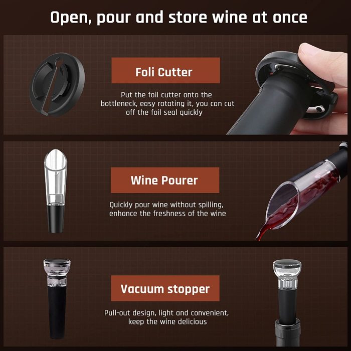 Electric Wine Opener, Automatic Wine Bottle Opener Set with Foil Cutter Vacuum Stopper and Wine Pourer, 4-in-1 Rechargeable Wine Opener Gift for Home Kitchen Bar Restaurant Party