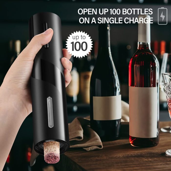 4-in-1 Electric Wine Bottle Opener Kit Rechargeable Automatic Corkscrew Set with Foil Cutter, Vacuum Stopper, Pourer for Kitchen, Home, Bar, Restaurant, Wine Lovers, Christmas Gift for Him