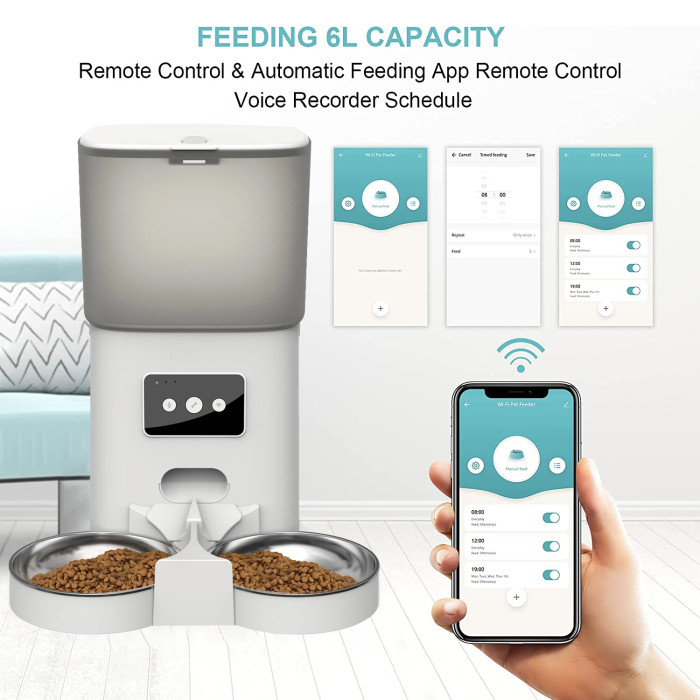 6L Automatic Cat Feeder for 2 Cats, WiFi Enabled Smart Feed Automatic Pet Feeder for Cats & Dogs, Timed Pet Food Dispenser with Stainless Steel Bowl APP Control, 10s Voice Recorder
