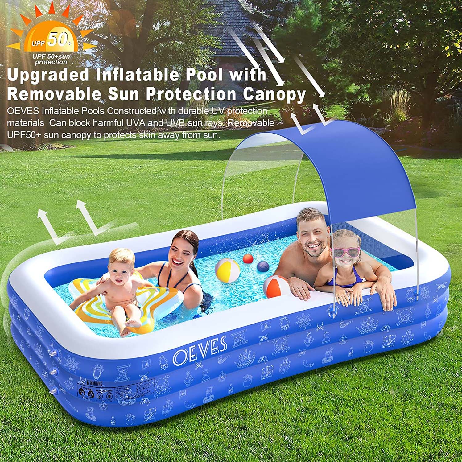Lovinouse Inflatable Swimming Pool with Canopy One-Button Inflation Family Pool with Sunshade Canopy Summer Outdoor Water Play for Kids 83 x 59 x 27 Inch Adults 