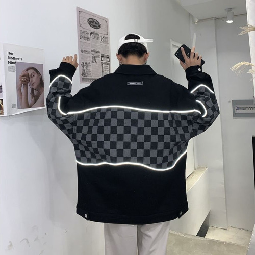格子拼接牛仔外套