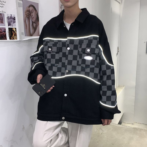 格子拼接牛仔外套