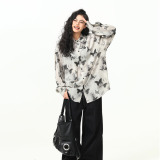古著感蝴蝶印花長袖襯衫女美式個性夏季涼感襯衣